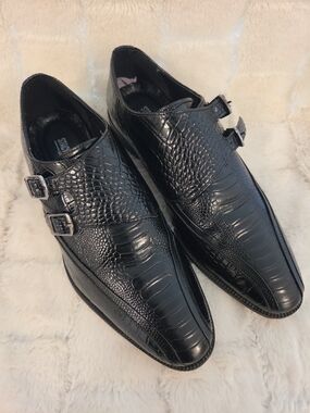 Men's Black Croc-Embossed Double Monk Strap Dress Shoes
